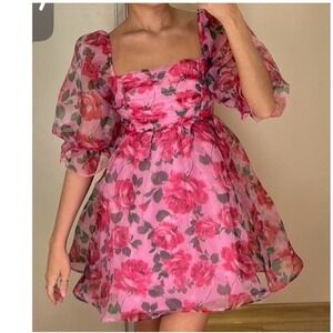 Thirty Thirty LA Pink Rose Floral Puff Sleeve Babydoll Mini Dress Large Smocked